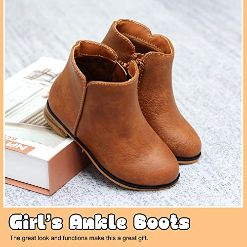 LseLom Girls Ankle Boots for Toddler/Little Kids - Brown, Suede, Zipper, Low-Top, Flat Heel, Casual2