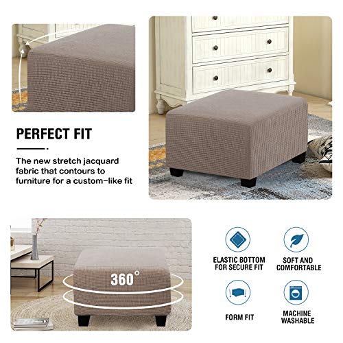 Image of H.VERSAILTEX Square Ottoman Covers Ottoman Slipcovers Folding Storage Stool Furniture Protector Form Fit with Elastic Bottom, Stretch High Spandex Small Checks Jacquard Fabric(Medium,Taupe)
