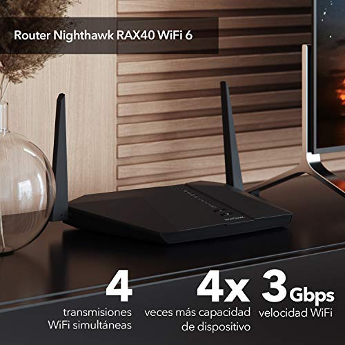 NETGEAR-Nighthawk-RAX40-Router-AX4-WiFi-6-4-Stream-AX3000-Velocidad-Inalambrica-Hasta-3-Gbps-hasta-100-m2-de-cobertura-y-20-dispositivos