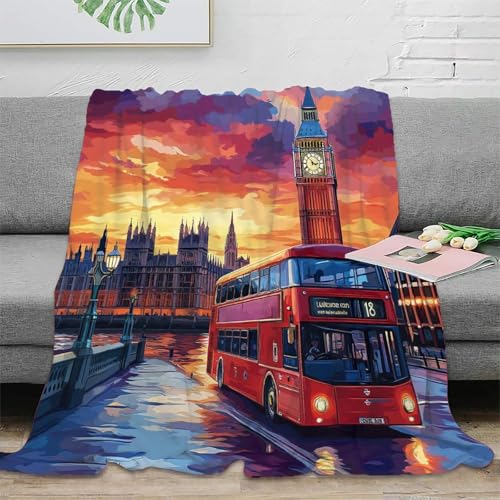 Style Urbain Plaid imprimé 3D Microfibre décor London Bus Couverture canapé Chambre Adulte 40x50(100x130cm)