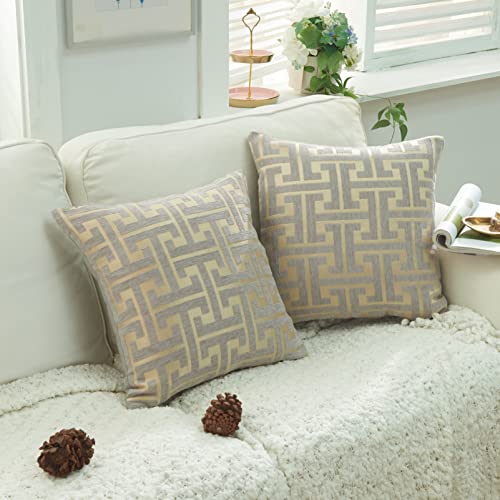 YunJeude クッションカバー シェニール生地 幾何学模様 モノグラム柄 おしゃれ 柔らかい北欧 可愛い ピロケース 車 椅子 インテリア飾り 2枚セット (グレーゴールド, 45x45)
