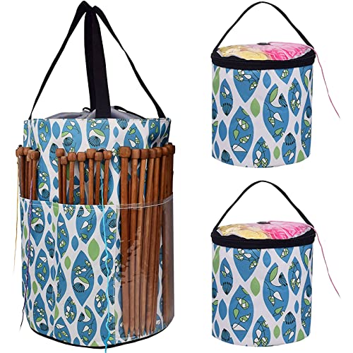 Yuar butee Knitting Tote Bag,Yarn Storage Bag,with 6 Grommets,Drawstring Closure,Easy to Carry Knitting Needles,Crochet Hooks and Accessories (Blue Leaf)
