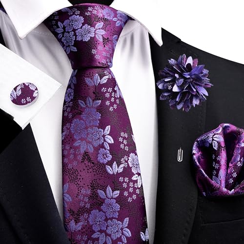 Image of GUSLESON 3.15 inch(8cm) Mens Floral Tie and Lapel Pin Necktie Hankerchief Cufflinks Set for Men