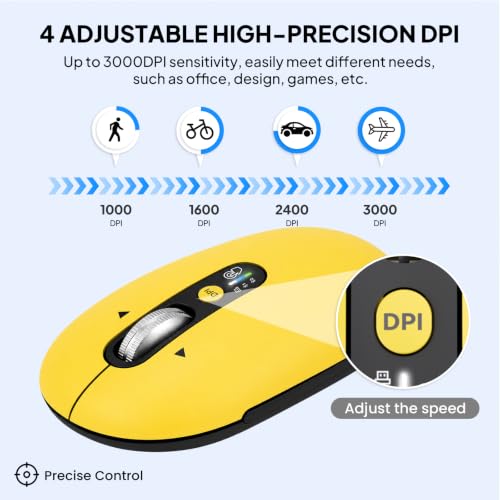 Image of Wireless Bluetooth Mouse,USB+BTx2,Slim Pebble Multi Device Small Travel Mice,Metal 4 Way Super Scrolling,± 3000 DPI,Quiet,Portable,Long Battery for Laptop,Computer,Tablet,Mac,iPad,PC,Phone (Yellow)
