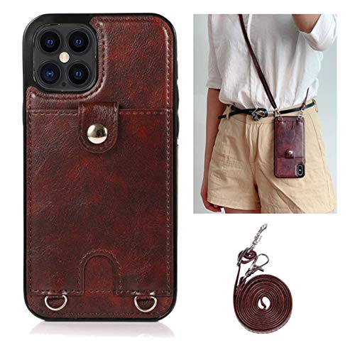 Jaorty Necklace Crossbody Case For Iphone 12/Iphone 12 Pro Pu Leather Wallet Lanyard Case Cover With Card Holder Adjustable Detachable Anti-Lost Neck Strap Case For Iphone 12/Iphone 12 Pro,6.1",Brown #TOP22