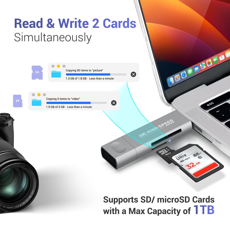 JJC Metal SD Card Reader for iPhone Lighting USB C 3.0 USB A 2.0 Card Reader Viewer for SD Micro SD Memory Cards Adapter for iPhone 16/15/14/13 - Image 4