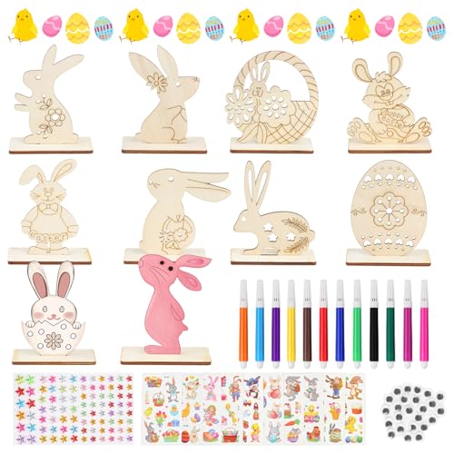Moosono Ostern Bastelset Kinder, 68 Stück Hasen aus Holz zum Basteln, DIY Osterhase Deko, Osterhase Holzhuhn Holzeier Basteln mit Aquarellstift, Kulleraugen, Strass & Bunte Aufkleber
