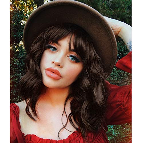 Stapmed Glorious Curly Wavy bob Wig with Bangs Short Brown Hair Shoulder Length Wigs for Women Synthetic Heat Resistant Bob Wigs (6-8)
