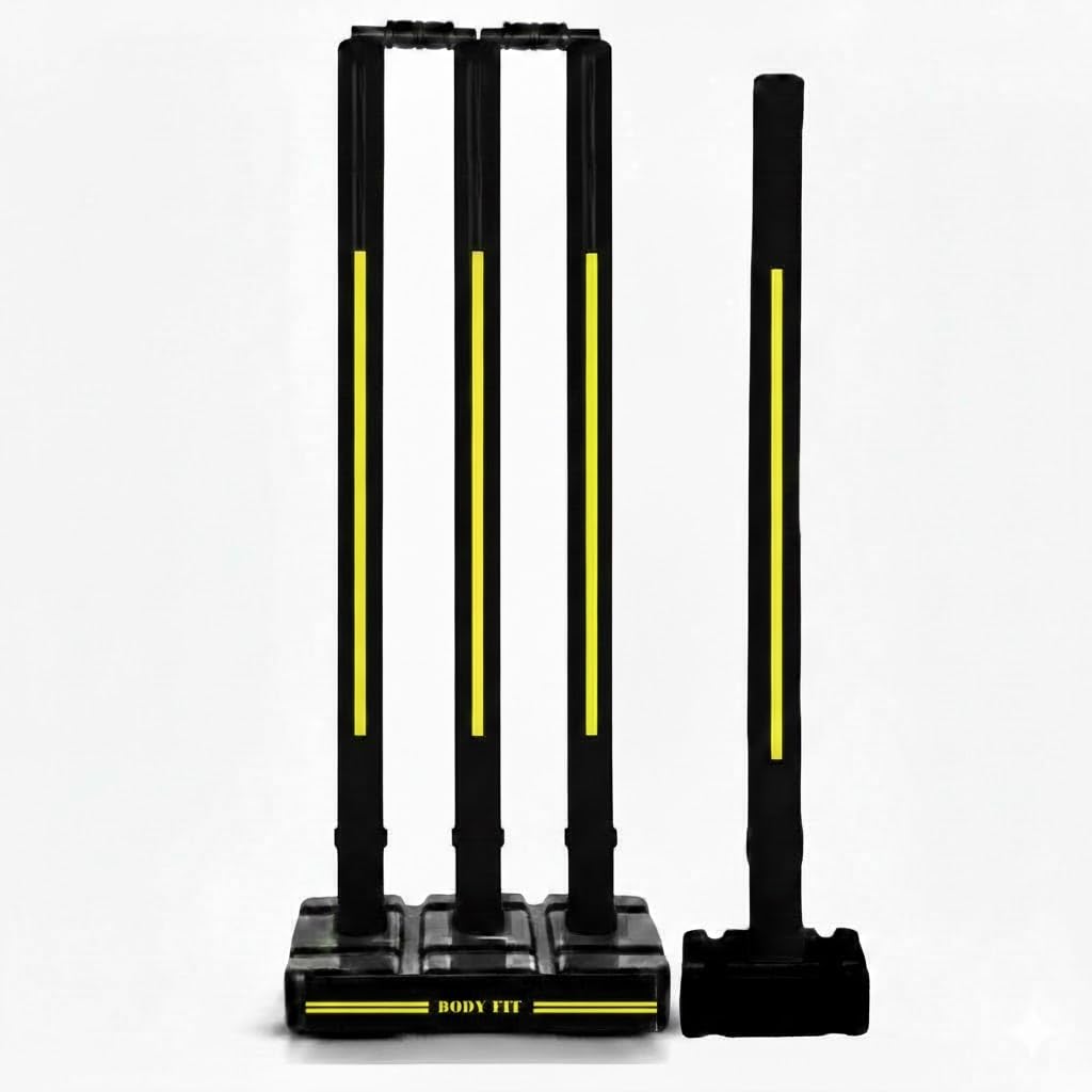 Bodyfit Cricket Stumps | Plastic Wickets Set with 4 Stumps + 2 Bails + 2 Stands | Full Size Wickets for Cricket Ground, Tournament Wicket, Floro Black-Yello.-image-17