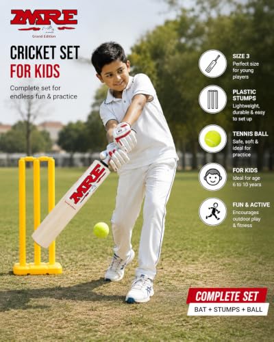 Image of Cricket kit with Wooden Bat & Bat Cover, Plastic Stumps and Tennis Ball for Kids | Cricket Kit for Kids Cricket Bat with Wicket (Size 3, Age 6-10 Year)