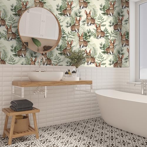 VaryStyle 17.7'x118' Woodland Bunny Wallpaper Forest Cute Rabbit Animal Peel and Stick Wallpaper Watercolor Hand Drawn Contact Paper Self Adhesive Removable Wallpaper for Nursery Bedroom Cabinets