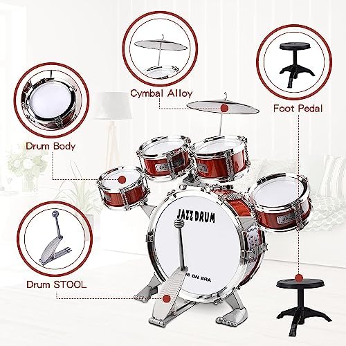 Toddler Drum Set Musical Toy Drum Set for Kids Jazz Drum Kit with Stool with Stool, Bass Drum, Cymbal, 2 Drum Sticks and 4 Small Drums Toys for 3 4 5 Year Old Boys Girls Gifts 2 51Q7iAtdkJL. AC