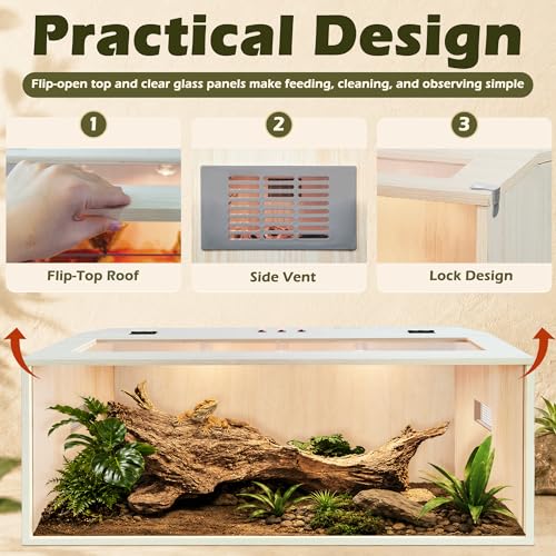 Image of PROLEE Bearded Dragon Tank,Wooden Reptile Tank and Lizard Tank,Tempered Glass Large Bearded Dragon Enclosure with Built-in Lamp Fixture (48X20X20inch,80 Gallons)