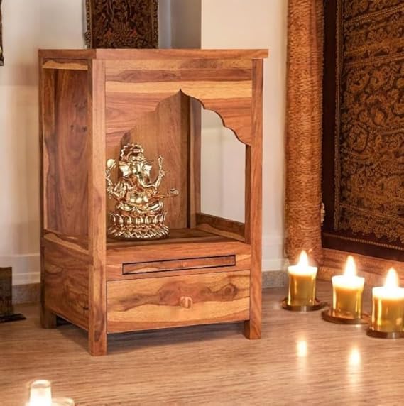 Image of Sheesham Wood Temple Solid Wood Classic Wooden Temple for Home, Office Pooja Mandir with 1 Drawer for Storage Home Decoration | Wall Devghar