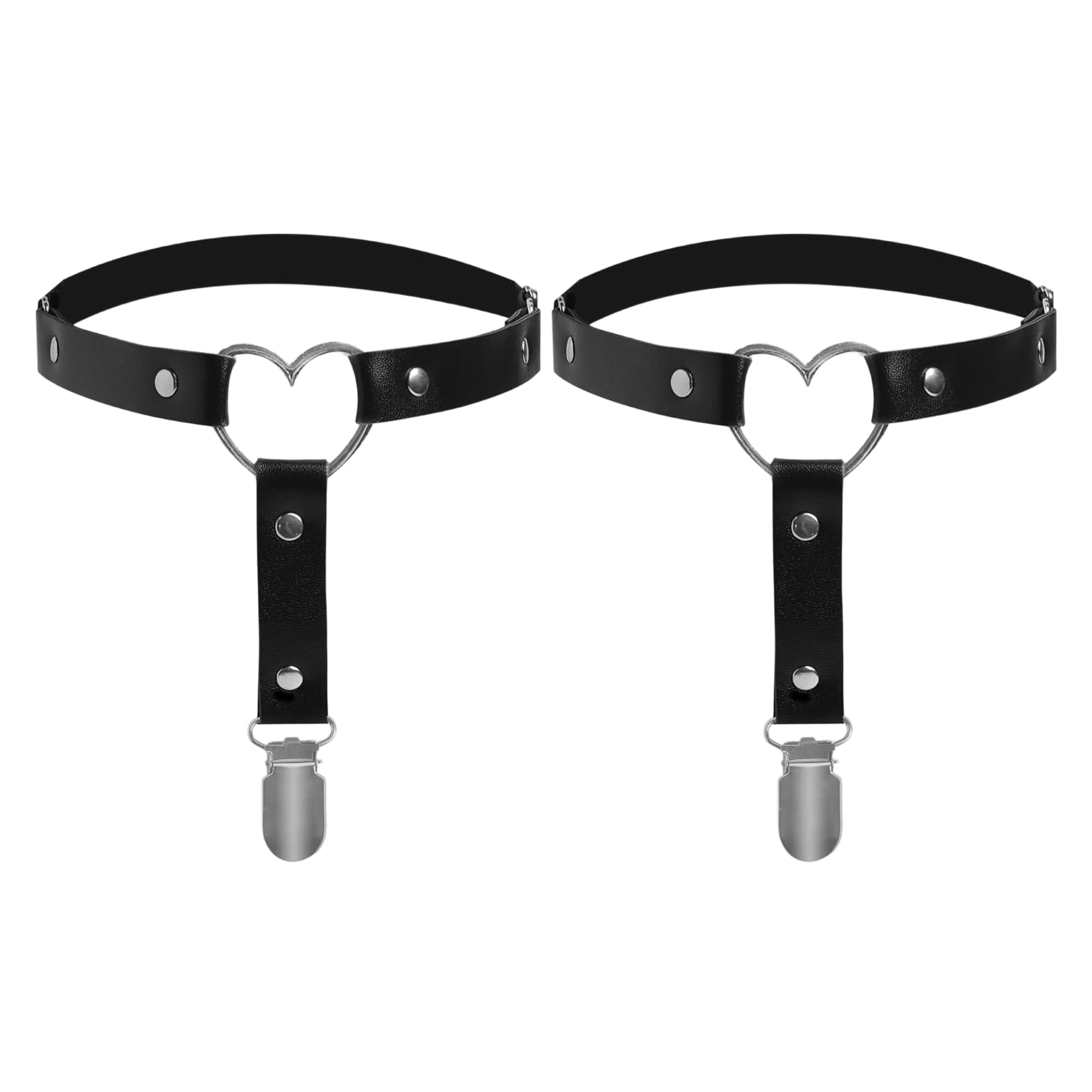 Trifletopia Women's Black 2-Pack Heart-Shaped Adjustable Thigh Garters, Pu Leather Leg Garter With Anti-Slip Clips, Punk Goth Suspender Belts For Thigh-High Socks (Black)