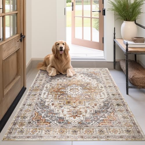 Madane Area Rug 4x6 Washable Rugs: Vintage Living Room Rug Soft Low Pile Non Slip Area Rugs Distressed Indoor Floor Carpet for Bedroom Kitchen Dining Room Home Decor, Turmeric/Grey