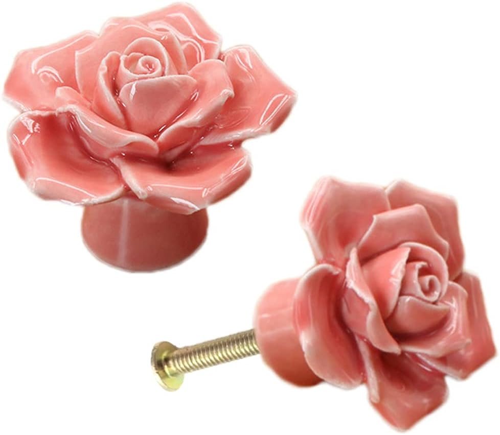 12-Pack Rose Ceramic Knobs, Rose Flower Ceramic Vintage Pulls Kitchen Cabinet Dressing Table Dresser Handles with 3 Size Screws for Girl's Room Dresser Cupboard Wardrobe (12, Pink)