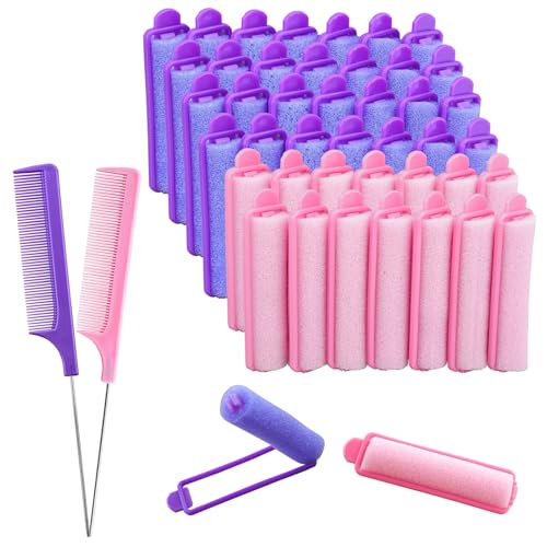 44 Pcs Foam Sponge Hair Rollers Set 0.59 Inch Flexible Hair Styling Sponge Curler Soft Sleeping Hair Curlers and Stainless Steel Rat Tail Comb Pintail for Hairdressing Styling(Purple Pink)