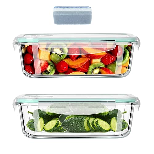 Hcrvvi Food Containers, Leakproof Glass Containers With Lids, Meal Prep Containers Reusable 2 Pieces 640ml Capacity Microwave, Freezers & Dishwashers Safe (2 Containers + 2 Lids +1 Cleaning Sponges)