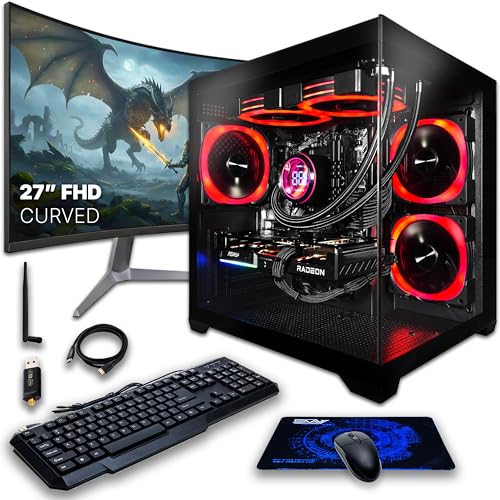 Image of SAAV CORE Prebuilt Gaming PC Bundle Desktop Tower AMD Ryzen 7 5800X GeForce RTX 5060 8GB GDDR7 Curved 27in Monitor 16GB DDR4 512GB NVMe WiFi 6 Windows 11 AIO Liquid Cooled Computer PC Gaming Black