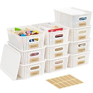 10 Pack Plastic Storage Bins with Lids, Stackable Storage Baskets with Handles, Plastic Organizer Bins with Labels for Desk,Shelves,Office, PlasticContainer Bins for Pantry Organizers and Storage