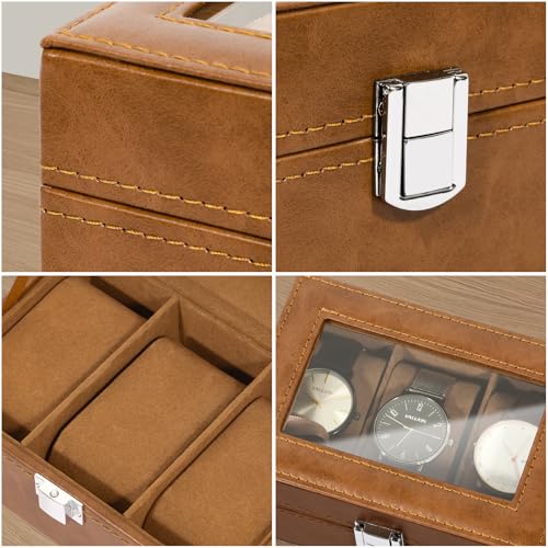 Image of Uten 3-Slot Watch Box, PU Leather Watch Case with Glass Lid, Watch Holder Organizer with Soft Pillow and Velvet Lining, Watch and Jewelry Storage Box, Brown