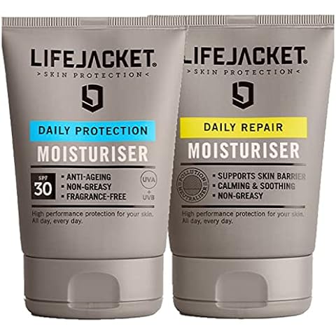 LifeJacket Moisturiser Set - Daily Protection Moisturiser SPF30 100ml + Daily Repair Overnight Hydration Face Cream 100ml Anti Ageing Mens Moisturiser Gift Set Clinically Approved for Sensitive Skin Cover