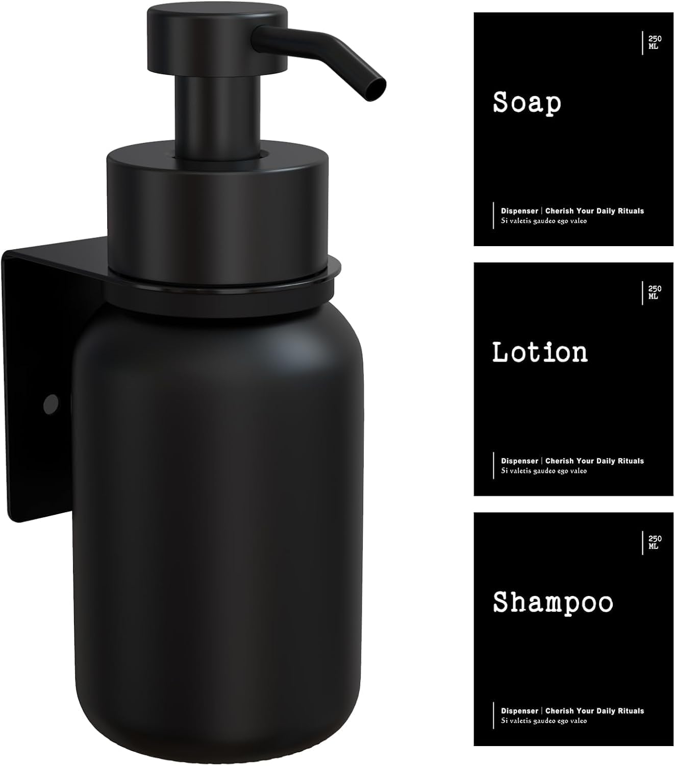 Lot de 2 distributeurs de Savon Mural - Noir - en Verre - 250 ML - Distributeur de Savon Mural à Coller ou à percer - sans perçage - Distributeur de Savon Liquide pour shampoing, Gel Douche