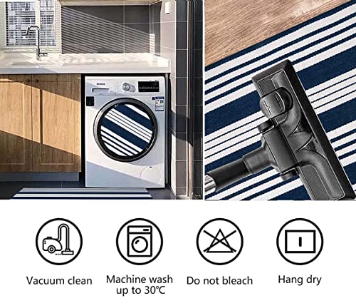 Blue And White Striped Rug 24'' X 51'' Outdoor Front Porch Rug Front Door Mat Hand-Woven Machine Washable Indoor/Outdoor Rug Layered Door Mats For Entryway/Laundry Room/Bedroom/Outdoor #TOP2