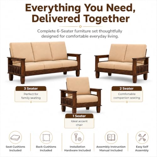 Image of Furniture Solid Sheesham 6 Seater Wooden Sofa for Living Room with Cushion|Solid Wood Six Seater 6-Person Sofa Set /Couch 3+2+1 for Bedroom,Home,Office & Lounge|Brown Finish