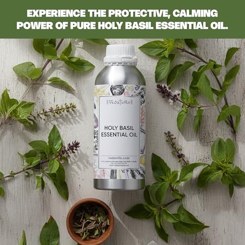 Image of VedaOils Holy Basil Essential Oil 100ml | 100% Pure, Natural & Undiluted Therapeutic Grade | Basil Oil for Mosquito Repellent, Aromatherapy, Relaxation, Hair Growth, Skin & Diffuser