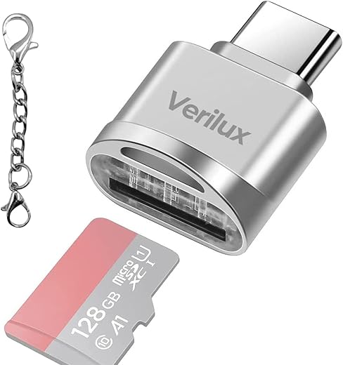 Verilux® Micro SD Card Reader Mini Type C Card Reader TF Card Reader with Keychain USB C to Micro SD SDHC SDXC OTG Memory Card Reader Compatible with Laptops, MacBook, Samsung Galaxy Note 20 - Silver