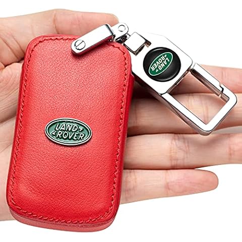 Key Cover Case ,Key fob cover car key holder Genuine Leather Replacment for 2010-2015 Land Rover LR4, 2010-2017 Range Rover / Sport, 2012-2017 Range Rover Evoque Keychain, B Model (Red), Large Cover