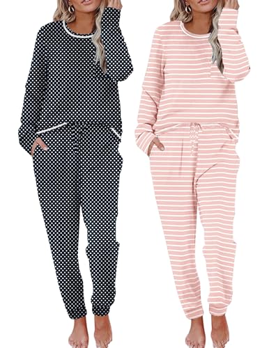 Image of Ekouaer 2 Pack Womens Pajama Sets Long Sleeve Lounge Sets Soft Pj Sleepwear Loungewear