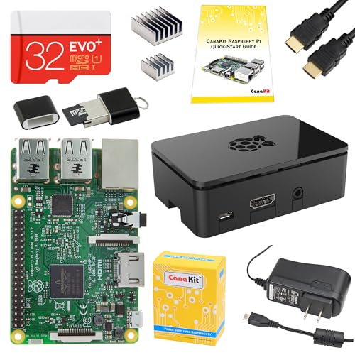 CanaKit Raspberry Pi 3 Complete Starter Kit - Quad-Core 1.2 GHz 1 GB RAM, WiFi & Bluetooth, 32 GB EVO+ Micro SD Card, Power Supply, Case, HDMI Cable, Heat Sinks, GPIO Card, Quick-Start Guide