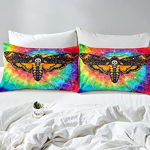 Erosebridal Gothic Skull Bedding Set Death Moth And Flowers Comforter Cover Skeleton Bones Duvet Cover Tie Dye Quilt Cover For Kids Girls Boys Women Bedroom Decor,Boho Mandala Bedspread Cover,Twin #TOP2