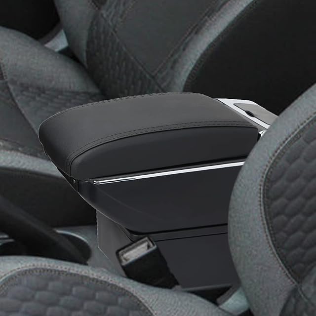 MARCHFA Armrest Storage Box Custom Fit for Fiesta 2009-2017 Armrest Box with 7 USB Charging Port 1PCS (Black Stitching)