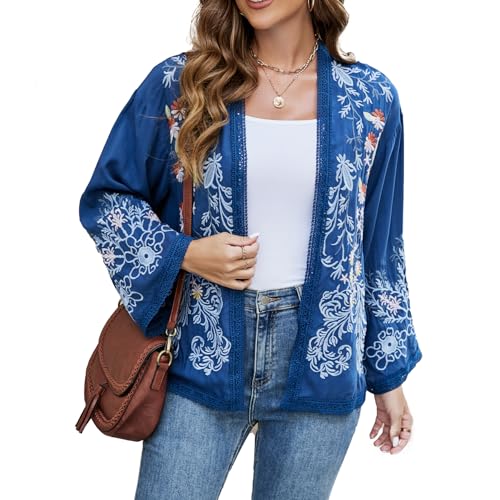 Women's Long Sleeves Floral Embroidered Kimono Cardigan, Blue Open Front Jacket, Bohemian Style2