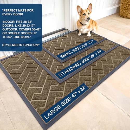 Image of OLANLY Front Door Mat Indoor Outdoor Entrance, Waterproof All-Season, All-Weather Doormat, Sturdy Natural Rubber, Low Profile, Easy Clean Patio Porch Entryway Mat, Herringbone Brick (Brown, 47x32)