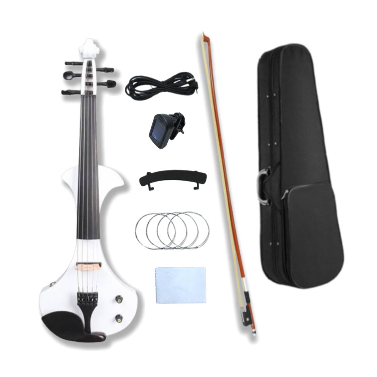 Violín eléctrico, cuerpo de madera maciza, accesorios de ébano, sintonizador agradable, pasiva pasiva con arco, bolsa de estuche (blanco-5 cuerdas)