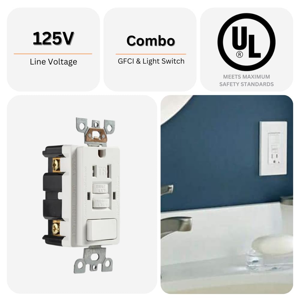 SHADID 15 Amp 125 Volt Tamper-Resistant GFCI Combo Outlet, GFCI Combination Switch and Receptacle, White, 15249-WH