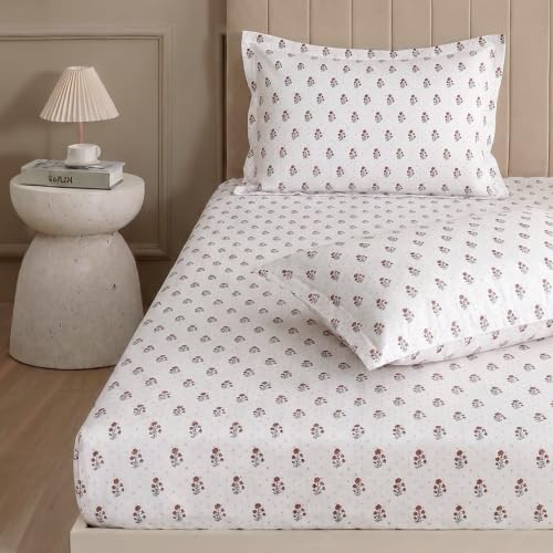Image of Home Elegance from House of Mytrident | Linen Feel Bed Sheet for Double Bed King Size with Two Pillow Covers | Ultrasoft | Floral 274cm x 250cm | myTrident - Jade Beige