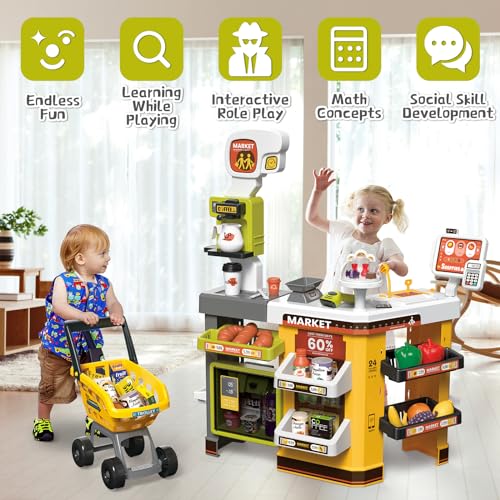 deAO Grocery Store Playset with Kids Shopping Cart,66 PCS Supermarket Playset,Pretend Play Cash Register,Play Food, for 3 4 5 Kids - Thumbnail 7