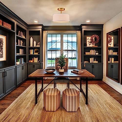 Image of Modern 3 Light Gold Drum Semi Flush Mount Ceiling Light | Ceiling Mount Light Fixture for Hallway Bedroom Entryway Foyer Office
