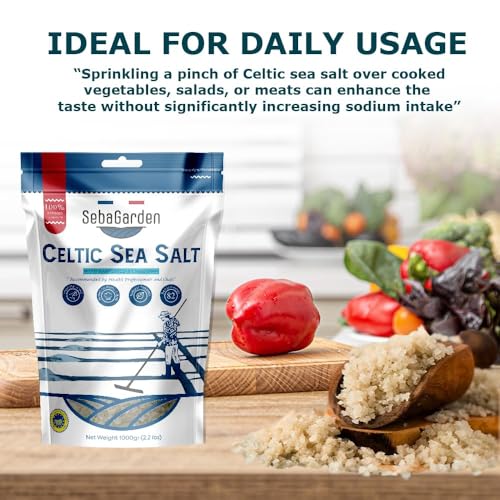 Seba Garden Keltisches Meersalz grau, 1 kg zertifizierter organischer wiederverschließbarer Beutel mit grauem Meersalz, handgeerntet, enthält über 82 essentielle Mineralien (1 kg, Original)
