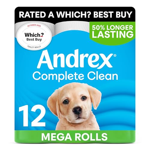 Andrex Complete Clean Toilet Roll - 12 Mega Toilet Rolls (=18 Standard Toilet Rolls) 3-Ply Bulk Buy Now Even Softer FSC Certified Endorsed as a Which? Best Buy
