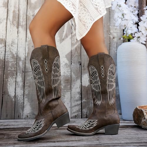 Image of Women's Western Cowboy Boots - Black Gothic Cross & Angel Wing Embroidered Mid Calf Boots, Y2K Vintage Pointed Toe Biker Cowgirl Boots for Concert Festival