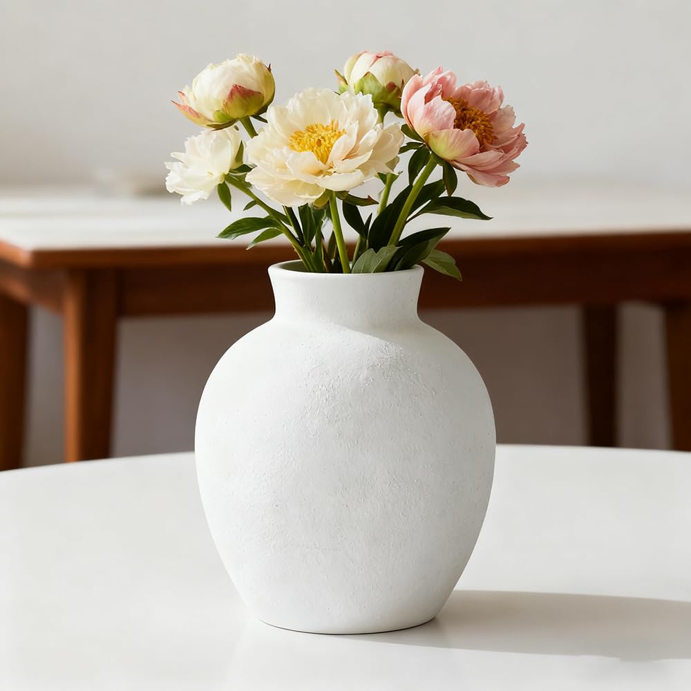 MerwDeeyt White Ceramic Rustic Flower Vase 13x15.5cm