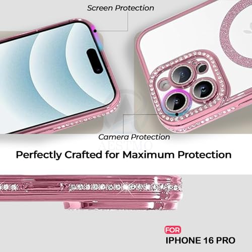 Image of AESTMO Back Cover for iPhone 16 Pro Compatible with MagSafe | Diamond Glitter Case | Luxury Bling Rhinestone Soft Clear TPU Bumper | Camera Lens Protection Cover for iPhone 16 Pro (Pink)