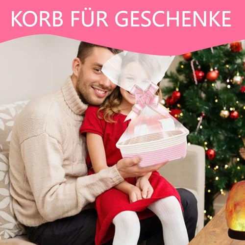 Geschenkkorb Leer, Aufbewahrungskorb Mit 1 Geschenktüten & Bändern - Geflochtener Baumwollkorb Als Präsentkorb Für Geburtstag, Hochzeit, Babyparty, Weihnachten - 1er Set (Rosa)